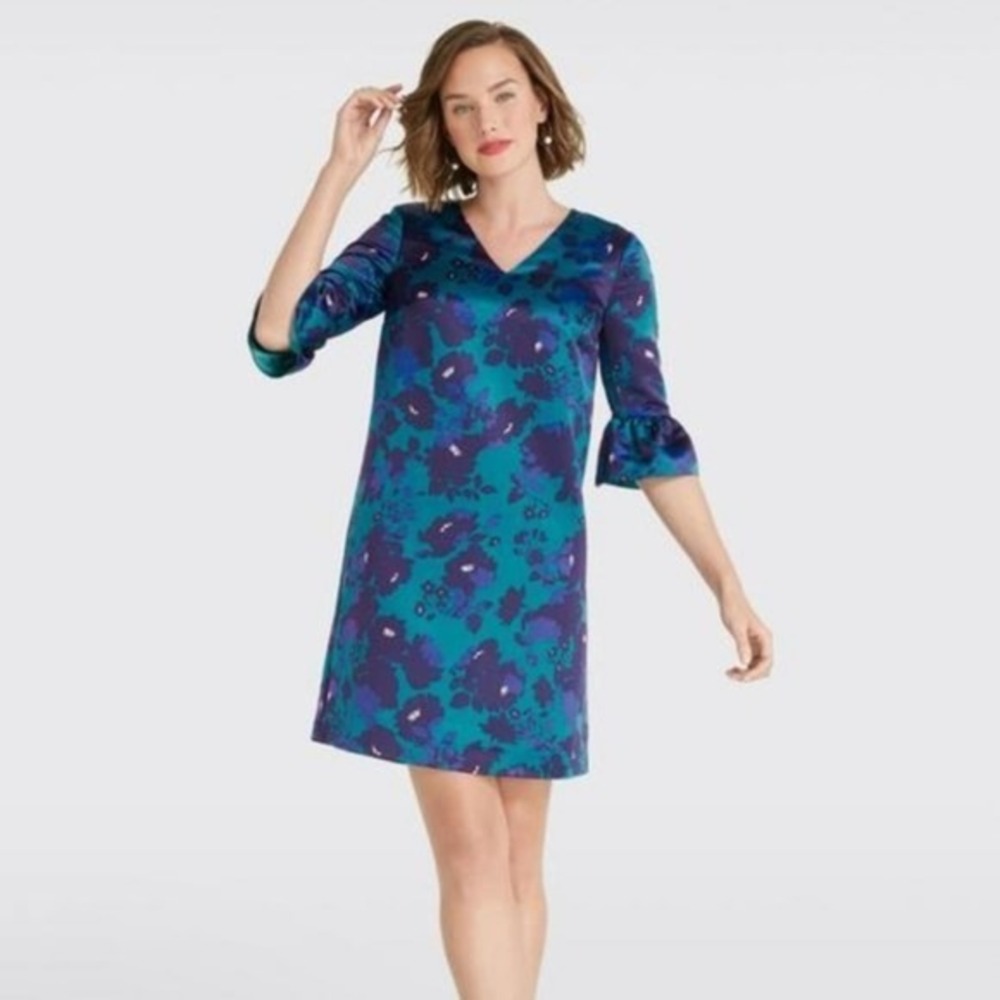Draper James Teal Floral Satin V-Neck Shift Dress Bell Sleeve DRW0 319 Size 12‎